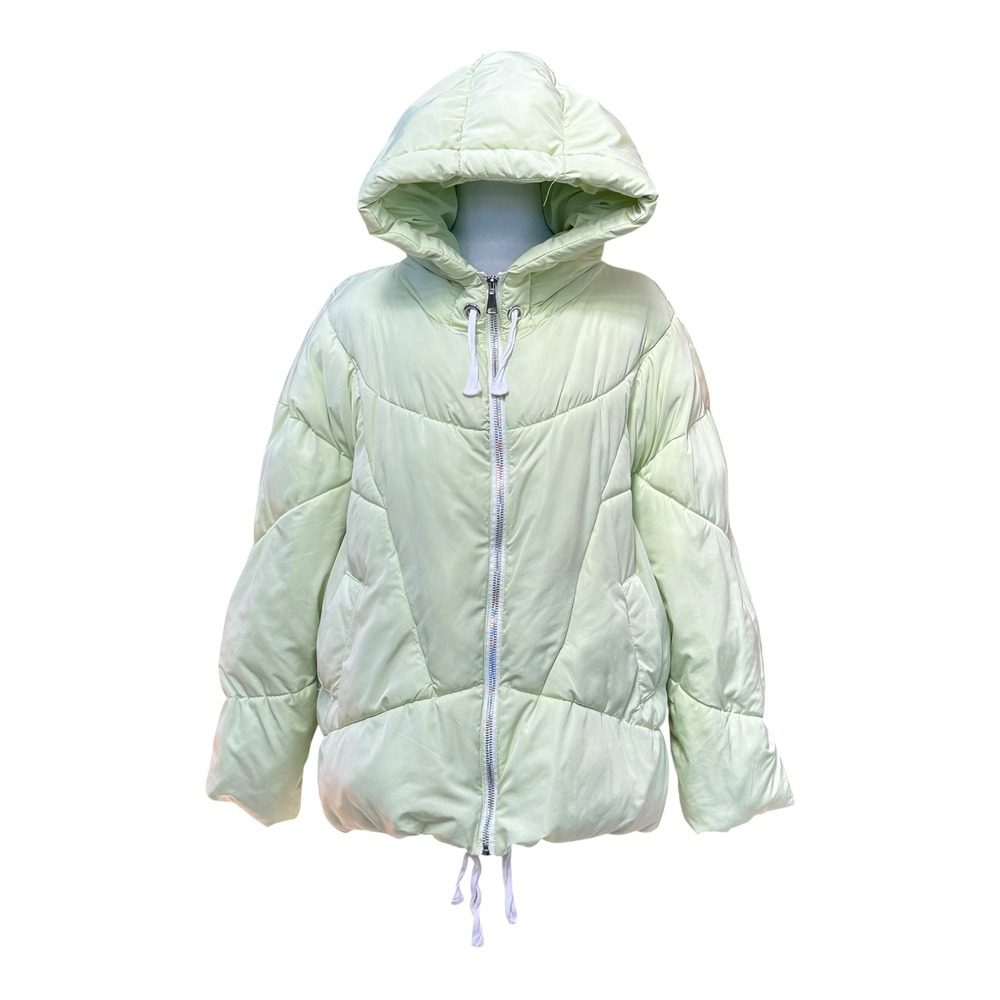 Free People Puffer Jacket Women XS Lime Green Quilted Hooded Oversized Winter